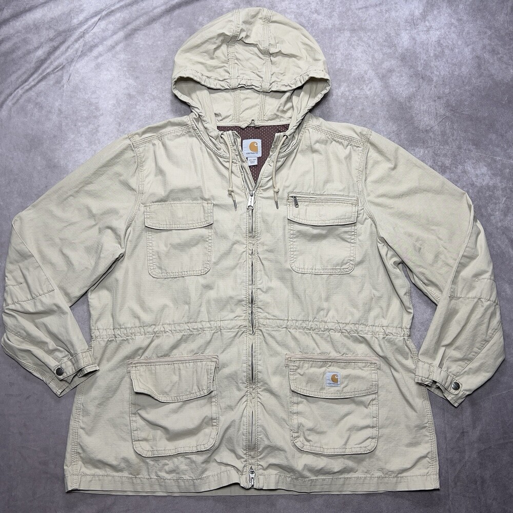 Carhartt Utility Jacket Womens XXL Tan Hooded Full Zip Mesh Lined